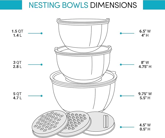 Belwares Mixing Bowls with Lids Set - Stainless Steel Nesting Bowls with Graters, Pour Spout & Non-Slip Base - Kitchen Mixing Bowls for Cooking, Baking, Salad Prep & Food Storage (Set of 3)