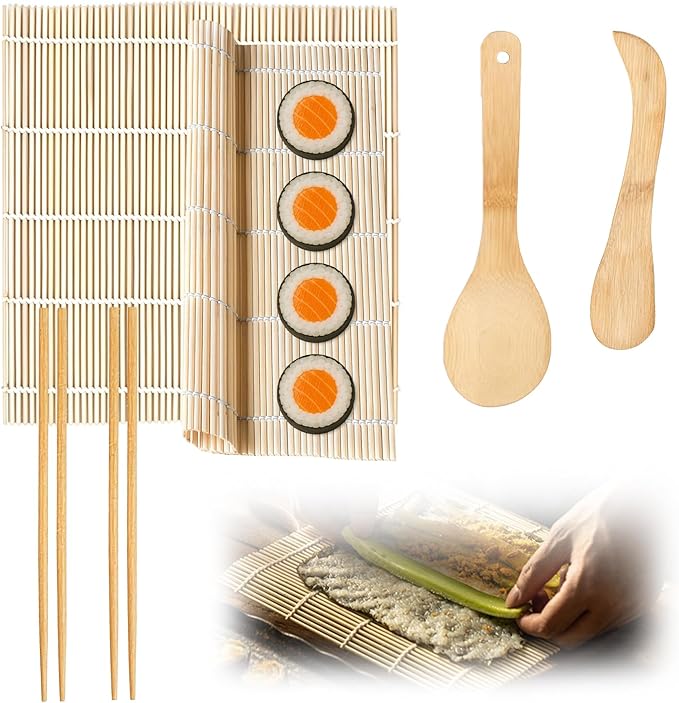 Sushi Making Kit, 6 PCS Beginner Sushi Maker Set, Including 2 White Bamboo Rolling Mats, 2 Pairs Chopsticks, 1 Paddle,1 Spreader, Natural Bamboo Material, Ideal Gift for Kids, Friends, Home Chef