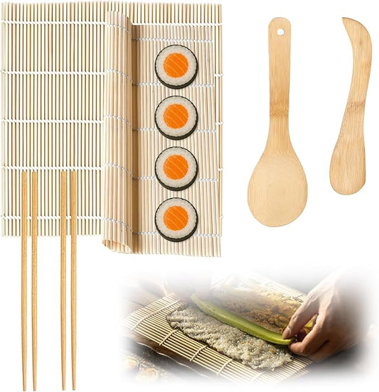 Sushi Making Kit, 6 PCS Beginner Sushi Maker Set, Including 2 White Bamboo Rolling Mats, 2 Pairs Chopsticks, 1 Paddle,1 Spreader, Natural Bamboo Material, Ideal Gift for Kids, Friends, Home Chef