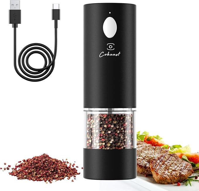 Electric Pepper or Salt Grinder, COKUNST USB Rechargeable Automatic Pepper Grinder with Visual Silo & LED Light, Black Pepper Grinder Mill Refillable Washable, One Hand Operated, Fits in Home Kitchen