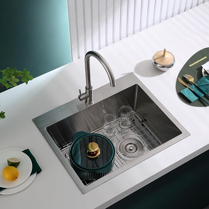 24 inch Drop-in Kitchen Sink Single Bowl, Topmount Kitchen Sink with Protective Bottom Grid, Overmount 304 Stainless Steel Kitchen Bar Sink Handmade with Basket Strainer, 24×18×9 inch