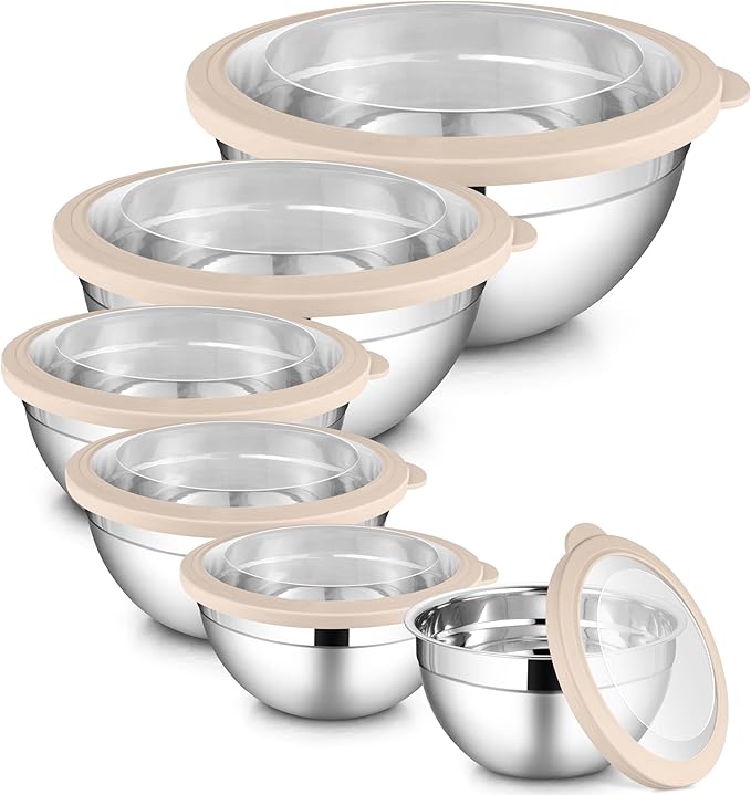 LIANYU 6 PCS Large Mixing Bowls with Visible Lids Set, Size 7, 3.5, 2.5, 2, 1.5, 1QT, Stainless Steel Kitchen Metal Nesting Bowls for Cooking, Baking, Serving, Freezer & Dishwasher Safe, Khaki