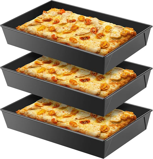 3 Pcs Detroit Style Pizza Pan 10 x 14 x 2.36 Inch Non Stick Rectangle Deep Pizza Pans Pre Seasoned Carbon Steel Sicilian Style Pan Dish Bakeware Kitchenware