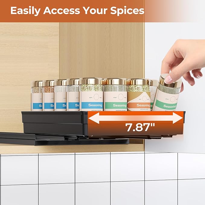 Pull Out Spice Rack Organizer for Cabinet, Slide Out Spice Racks Organizer, Easy to Install Spice Cabinet Organizers, 8.26''Wx10.6''Dx2.7''H, 1 Pack-1 Tier(Black)