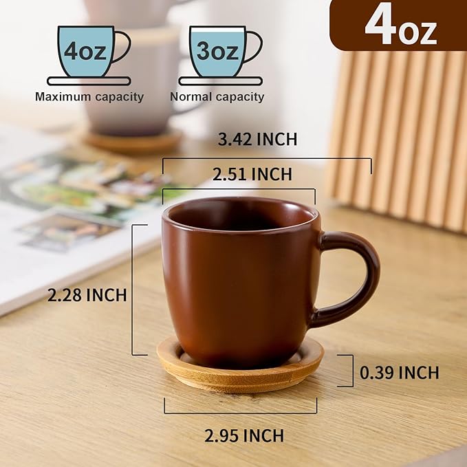 Hasense Stackable Porcelain Mini Espresso Cups and Saucers Set of 6, 4 OZ Ceramic Small Demitasse Espresso Shots Cups with Lids for Nespresso Lungo, Latte, Cafe Mocha and Tea, Brown