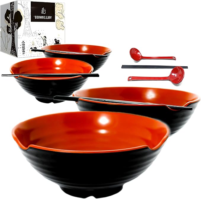 4 XL Ramen bowl set. 12 Pieces Pho Bowls. Asian Japanese soup. Utensil: Spoons and Chopsticks kit. Melamine, Large 52 oz. Noodles, Rice, Udon, Thai, Chinese, Korean, Udon, Wonton, Miso, 9 inch