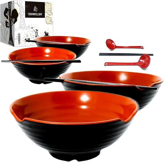 4 XL Ramen bowl set. 12 Pieces Pho Bowls. Asian Japanese soup. Utensil: Spoons and Chopsticks kit. Melamine, Large 52 oz. Noodles, Rice, Udon, Thai, Chinese, Korean, Udon, Wonton, Miso, 9 inch