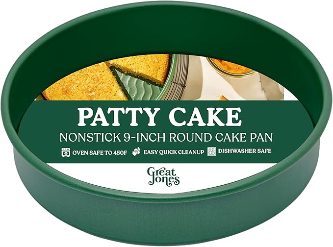 Great Jones Patty Cake (Broccoli)| Nonstick 9-Inch Round Cake Pan | Heavy-Duty Aluminized Steel | Easy Release Coating | Oven-Safe Up to 450°F | Even Heat Distribution | Dishwasher-Friendly