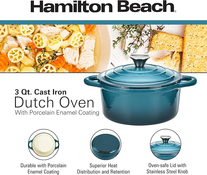 Hamilton Beach 3-Quart Enameled Cast Iron Dutch Oven, Navy with Cream Interior | Even Heat Distribution & Easy-Grip Handles | Ideal for Braising, Roasting,Stewing & Bread Baking