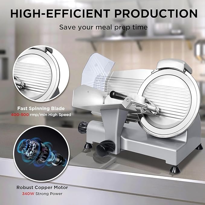 10" Commercial Meat Slicer, 340W, Electric Deli Slicer with Adjustable Thickness, Stainless Steel Blade, Built-in Sharpener, Removable Blade for Easy Cleaning