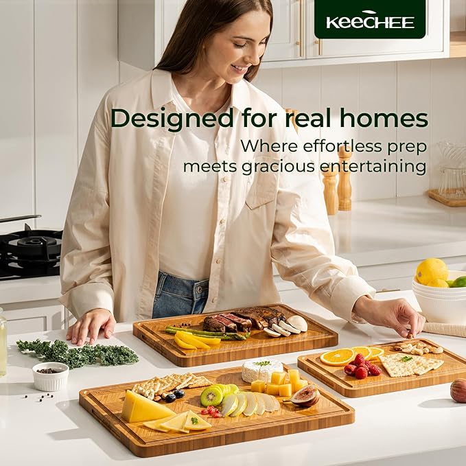 Atelier Collection Bamboo Cutting Board Set of 3, Reversible Boards for Kitchen with Juice Grooves, Handcrafted Luxury Cutting Boards, Large Wood Chopping Board for Cooking and Serving