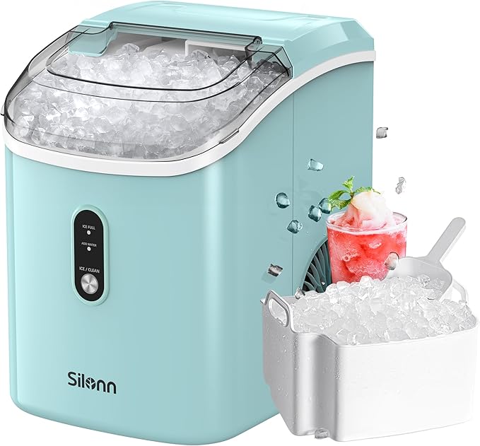 Nugget Ice Maker Countertop, Silonn Chewable Pellet Ice Machine with Self Cleaning Function, Pebble Portable Ice Maker with Ice Scoop for Home Kitchen Office, Green