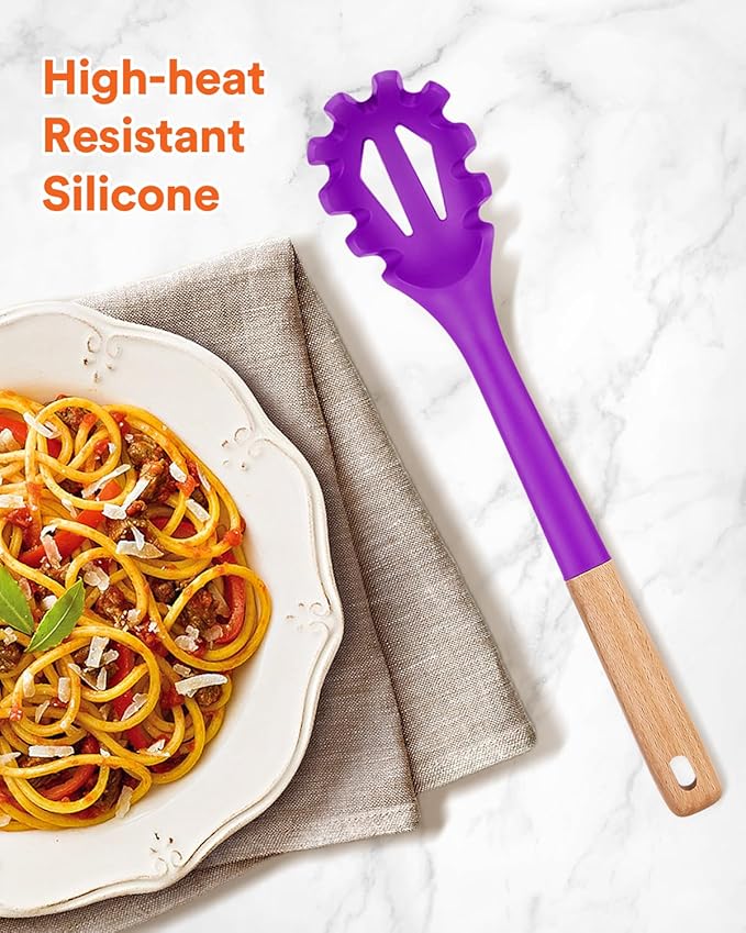 Silicone Pasta Fork, Kitchen Heat Resistant Noodle Spoon Server, BPA Free Spaghetti Strainer,12.8 inch (BERRY)