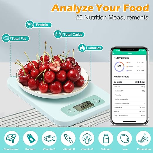 Smart Food Scales for Kitchen - Digital Food Scale with Nutritional Calculator Analysis App, Food Weight Scale Grams and Ounces, Food Scale for Weight Loss, Calories Counting, Meal Prep 0.1oz