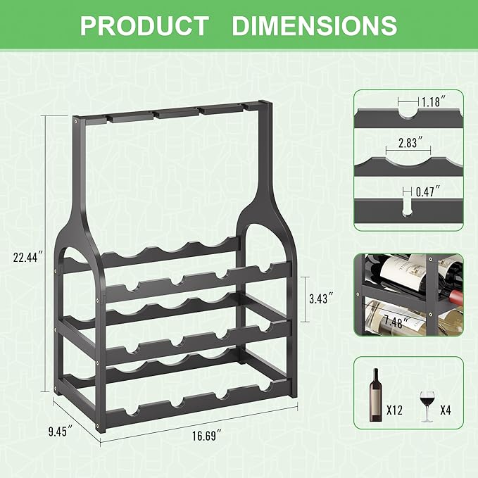 Wine Rack Countertop for 12 Wine Bottles and 4 Glass Holder, Small Bamboo Free Standing Racks Tabletop Display, Wooden Wine Storage Organizer for Cabinet Pantry Kitchen Bar Home Dining Room (Black)