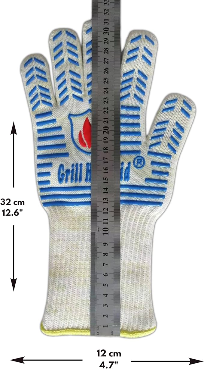 GRILL HEAT AID BBQ Grill Gloves 1472°F - Extreme Heat Resistant Oven Mitts for Grilling, Smoker & Fire Pit with Silicone Grip & EN407 Cut Resistance - Mid Cuff (Small Palm), White & Blue