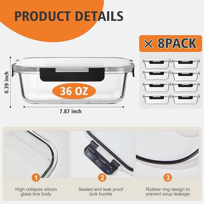 Liuruiyu 8 Pack 36OZ Glass Food Storage Containers with Lids, Meal Prep Containers, Airtight Bento Boxes with Leak Proof Locking for Microwave, Oven, Freezer and Dishwasher, BPA Free