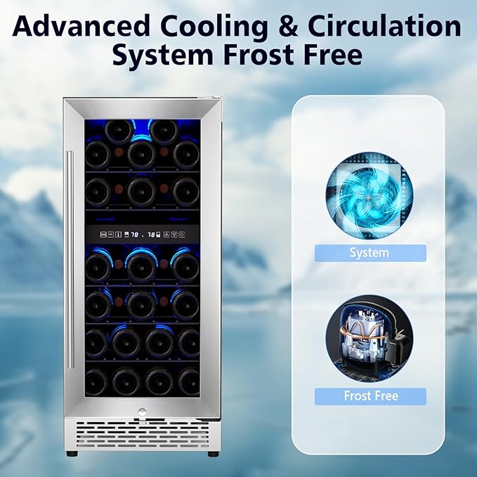 15″ Undercounter Dual Zone Wine Cellar Mini Fridge, 28 Bottle Wine Cooler with Lock, Built In, Freestanding, 41-68℉ Temperature Range, LED Control, Stainless Steel Frame, Adjustable Steel Shelves