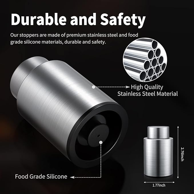 [2 PACK]Wine Bottle Stoppers，2-in-1 Vacuum Wine Stopper，1 Stainless Steel (Silver) and 1 ABS(Black) Wine Savers, Reusable Wine Preserver, Vacuum Pump Corks Keep Wine Fresh, Best Gift Accessories.