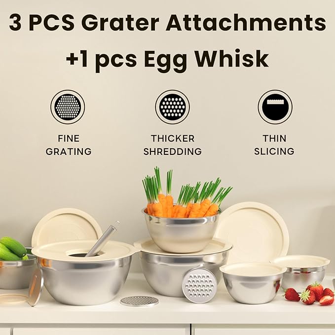 Mixing Bowls with Lids Set 10pcs | Stainless Steel Mixing Bowls with Graters and Egg Whisk,Nesting Bowls Set for Baking, Cooking, Meal Storage(1.2QT-5.5QT)
