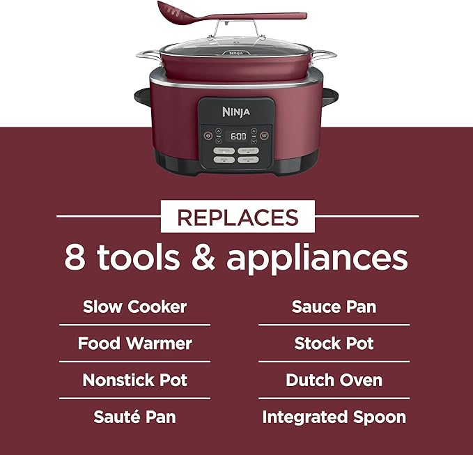 Ninja MC1000 Foodi PossibleCooker 8.5 Quart Multi-Cooker,with 4-in-1 Slow Cooker,Dutch Oven & More,Glass Lid & Integrated Spoon,Nonstick,Oven Safe Pot to 500°F,Cherry Tarte (Renewed)