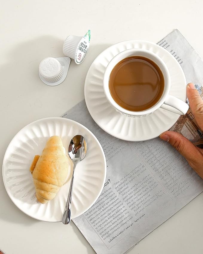 Ceramic Espresso Cups with Saucers 8 Oz,Set of 4 Porcelain Demitasse Cups Set,Small Coffee Cups with Handle for Coffee,Tea,Latte and Macchiato,Cappuccino Mugs for Kitchen and Cafe,White