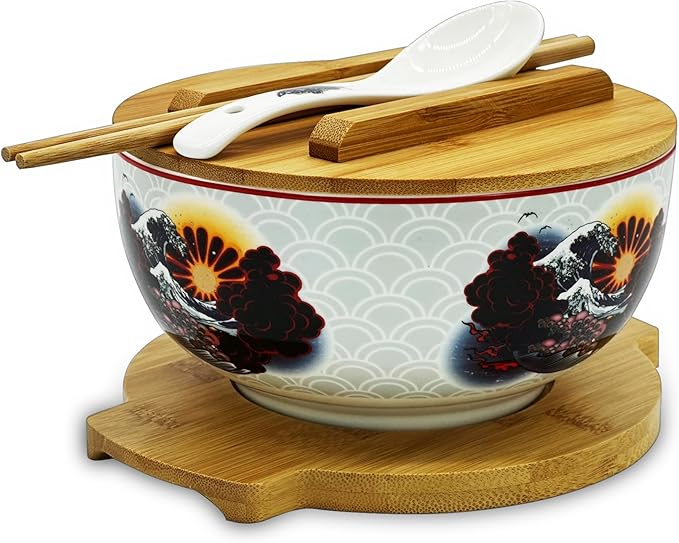 XWORLD Japanese Ceramic Ramen Noodle Bowls Set with Ceramic Spoon, Bamboo Chopsticks, Lid & Trivet, Serving Capacity of 33.8 OZ, Microwavable Oven Safety (3.3” x 6.6” D) (Landscape)