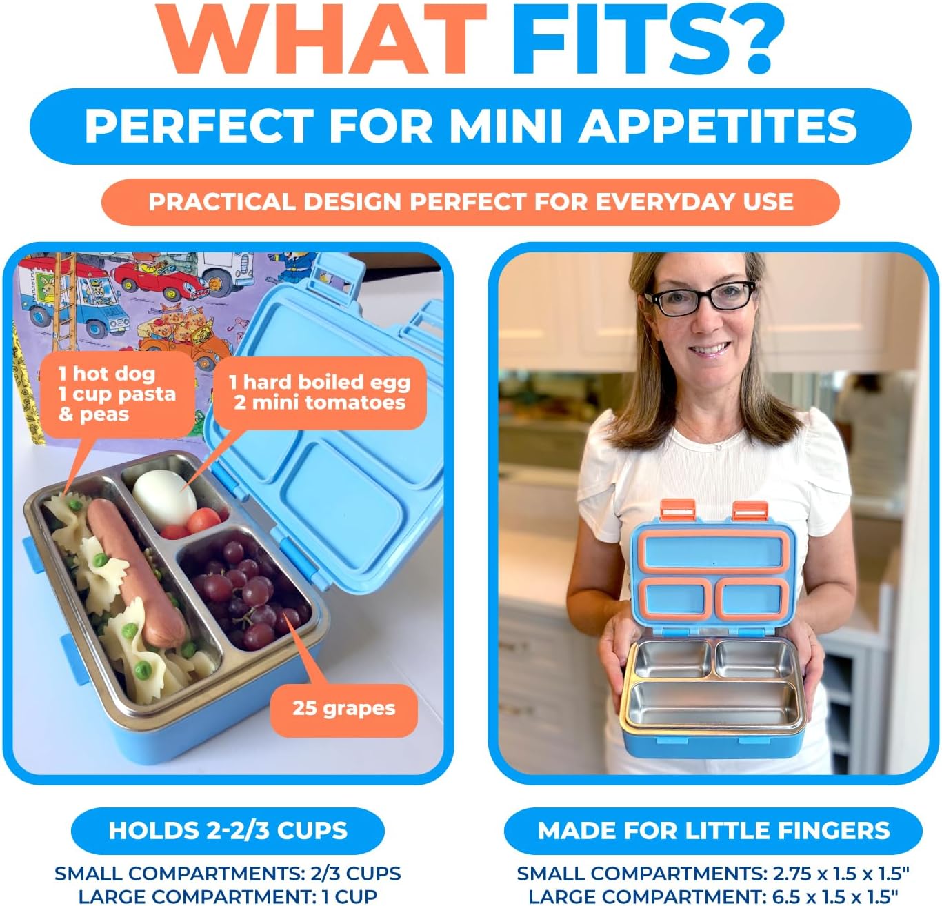 kinsho Stainless Steel Bento Box for Toddler Boys, Insulated Lunch Bag and Water Bottle Set for Toddlers. Snack Container for Small Kids, Baby Daycare or Pre-School Lunches, Blue Yellow Trucks