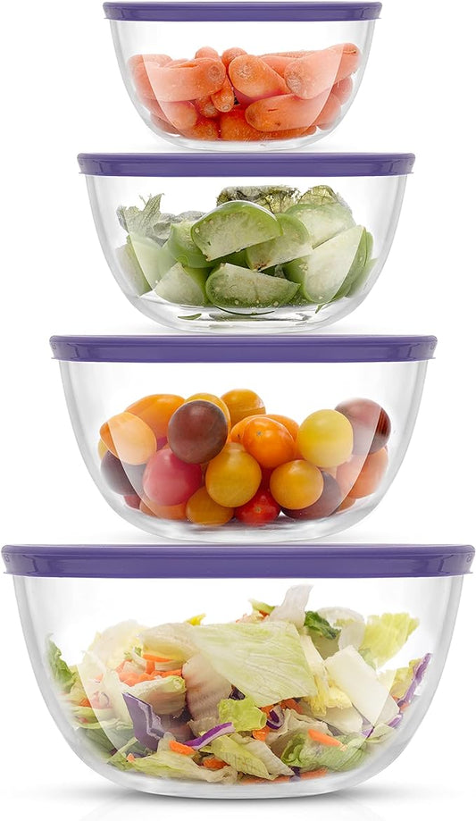 JoyJolt Very Peri 8pc Glass Mixing Bowls with Lids Set - Large Nesting Bowls, 2 Qt, Durable, Dishwasher & Microwave Safe