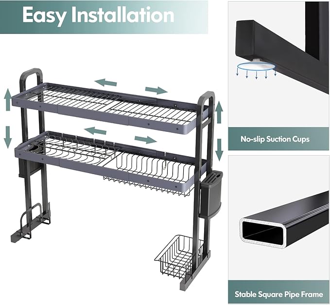MAJALiS Over Sink Dish Drying Rack, Stainless Steel 2 Tier Large Dish Drainer Above Sink Adjustable 27.5" - 34.6", Expandable Kitchen Counter Organizer Storage Shelf with 6 Hooks