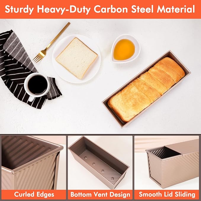 Beasea 2lb Pullman Loaf Pan with Lid, 1 Pack 12x4inch Large Bread Loaf Pans Carbon Steel Toast Box with Dough Scraper Set for Homemade Bread Bakeware Oven Baking - Rose Gold