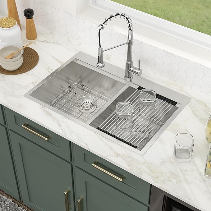Logmey 33 Inch Double Bowl Kitchen Sink Drop In Kitchen Sinks Workstation 33x22x9 Inch 50/50 Stainless Steel 16 Gauge Handmade Topmount Sink