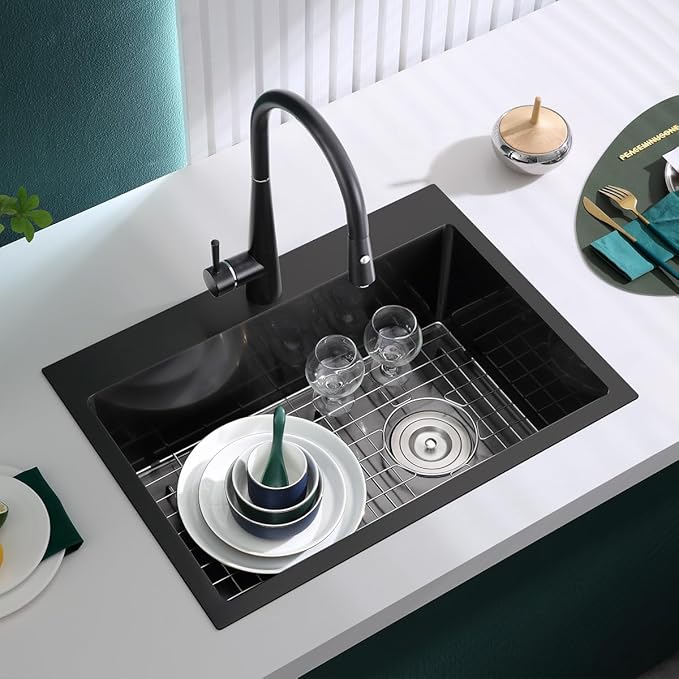 22x18x9 Inch Drop in Kitchen Sink, Handmade 304 Black Stainless Steel Sink, Centre-Offset Drain, R10 Tight Corner, Topmount Kitchen Sink with Strainer & Bottom Grid