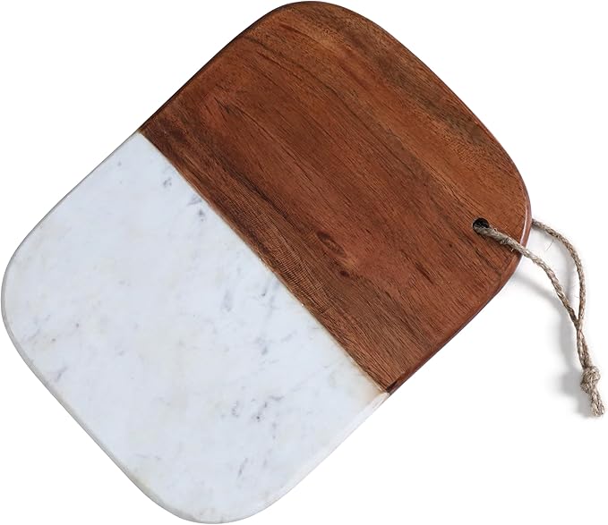 Marble & Acacia Wood Cutting Board – 12.25x9.25" White Charcuterie, Cheese & Serving Tray for Bread, Steak, Fruit – Elegant Solid Chopping Board for Kitchen & Parties