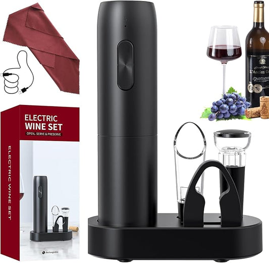 Electric Wine Opener Rechargeable Electric Wine Bottle Opener 6in1 with Charging Base Foil Cutter Vacuum Stopper and Pourer for Home Kitchen Bars Wedding Wine Lover Gifts