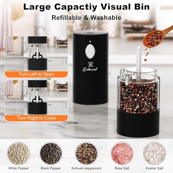 Electric Pepper or Salt Grinder, COKUNST USB Rechargeable Automatic Pepper Grinder with Visual Silo & LED Light, Black Pepper Grinder Mill Refillable Washable, One Hand Operated, Fits in Home Kitchen