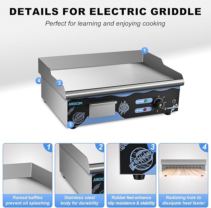 22 Inch Commercial Electric Griddle, Countertop Griddle with Non-stick Flat Top Grill, Stainless Steel Kitchen 2500W Electric Griddle for Home or Restaurant