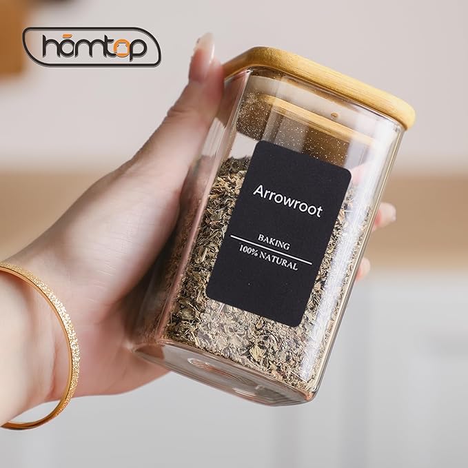 12Pcs 9oz Spice Jars Glass Container with 275 Labels, Airtight Seasoning Empty Organizer with Bamboo Lid Set for Food Storage, Salt, Sugar