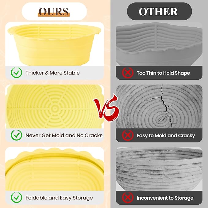 Neddie Upgraded Silicone Banneton Bread Proofing Basket, Sourdough Bread Baking Supplies Set of 2,9 Inch Round & 10 Inch Oval Foldable Sourdough Baking Baskets, Sourdough Starter Kit(Beige)