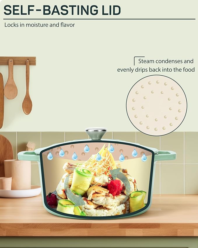 Enameled Cast Iron Dutch Oven – 4.4 Quart Pot with Lid & Potholders – Heavy-Duty Cookware for Bread Baking, Braising, Stews & Roasting – Oven & Stovetop Safe up to 500°F – Mint Green