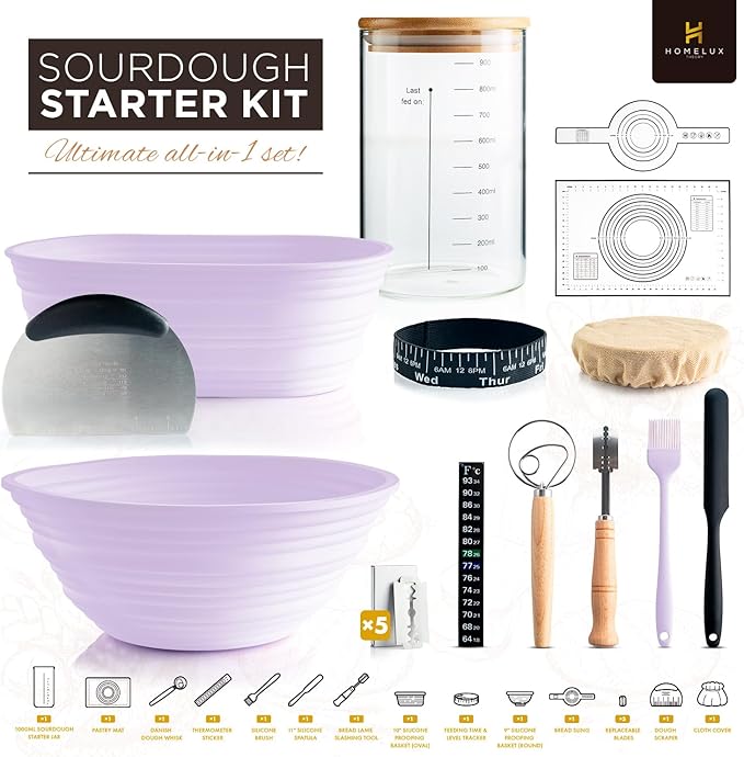 Sourdough Starter Kit, 14pcs Bread Making Kit & Sourdough Bread Baking Supplies Kit, Banneton Basket Kit for Sourdough Proofing with Bread Baking bowl for Artisan Breads (Purple) by HOMELUX THEORY