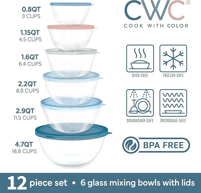 COOK WITH COLOR 12 Pc Glass Mixing Bowl Set with Lids – Borosilicate Glass Nesting Bowls for Cooking, Baking and Meal Prep, Blue/Pink