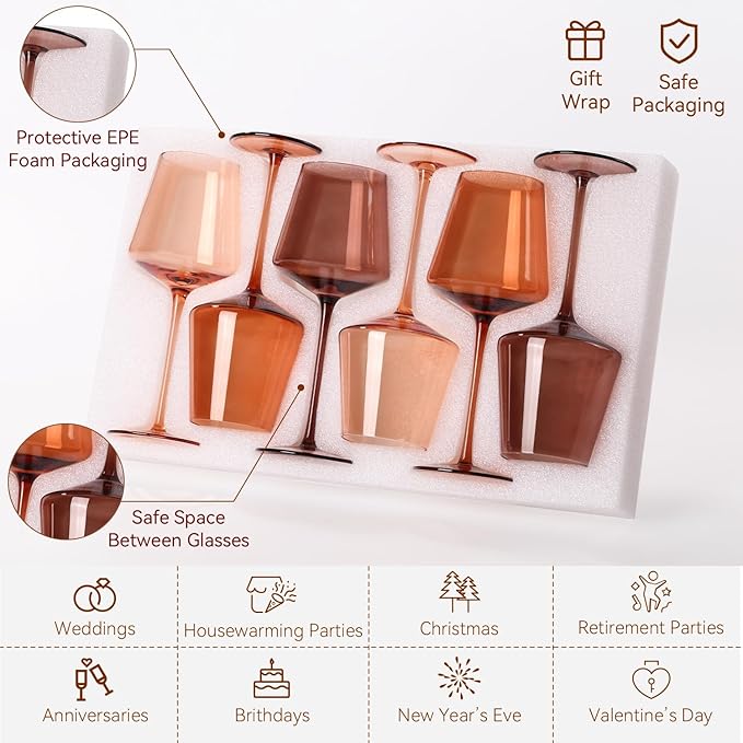 Brown Wine Glasses Set of 6-18oz【Hand Blown】 Crystal Amber Stemmed Venus Wine Glasses-Brown Wine Glass set for Fall Autumn Winter Wine Dinner