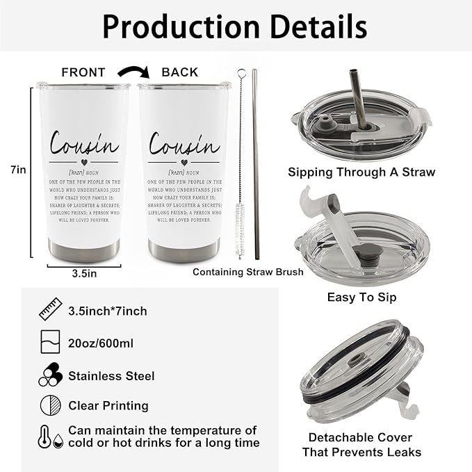 QASHWEY Cousin Gifts Coffee Tumbler - Gifts for Cousins Women Men Travel Tumbler Coffee Mug, Cousin Gift for Women Men, CousinDefinition Steel Tumblers with Straw and Lid 20 oz
