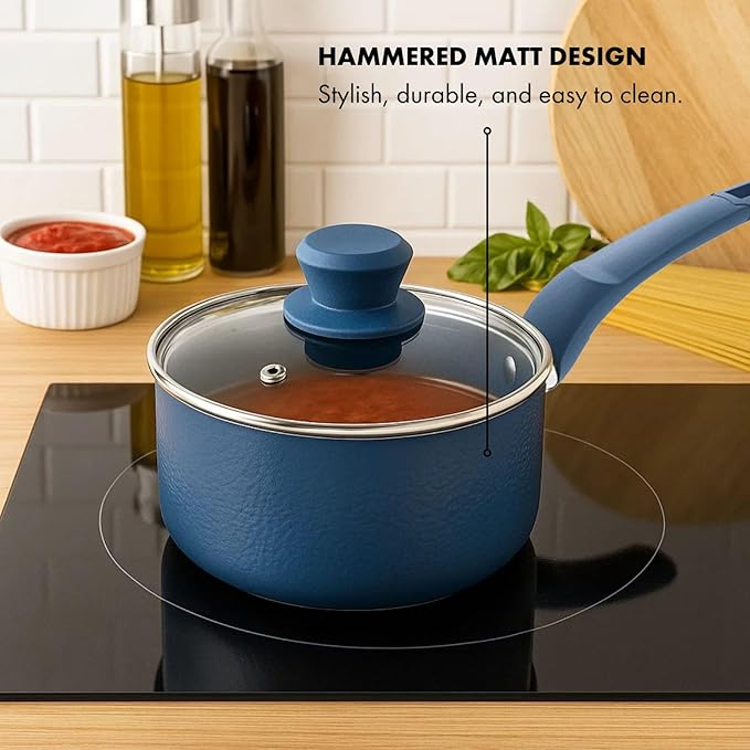 2 Quart Sauce Pan with Lid, Blue Diamond NonStick Small Pot with Tempered Glass Lid, Soft-Touch Handles, Induction Base