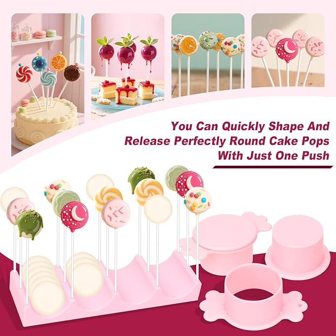 Silicone Cake Pop Mold Set, Round Cake Pop Cutter with Pusher, Tray and 50 Sticks, 15-Hole Cake Pop Holder, DIY Baking Molds Kit for Parties, Wedding, Home Desserts Making - Pink