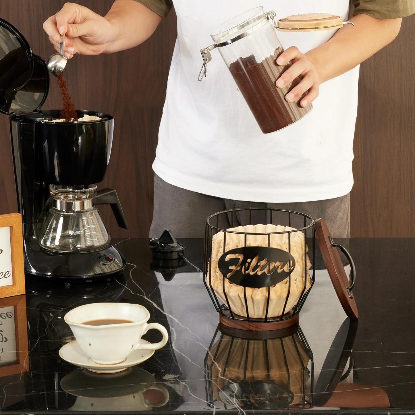 Yangbaga 8-12 Cup Coffee Filters Holder with Wood Lid,Large Capacity Coffee Filter Storage Canister Container Basket,Black Wire K Cup Storage Basket,Coffee Bar Accessories decor