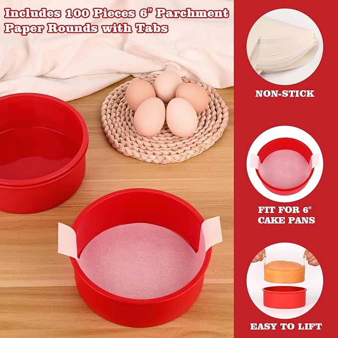 HUAKENER 6 Inch Round Cake Pan, 3 Pack Silicone Cake Molds with 100 Pieces Parchment Paper, Nonstick Cake Molds for Smash Cakes, Layer Cakes, Cheese Caks, Chocolate Cakes