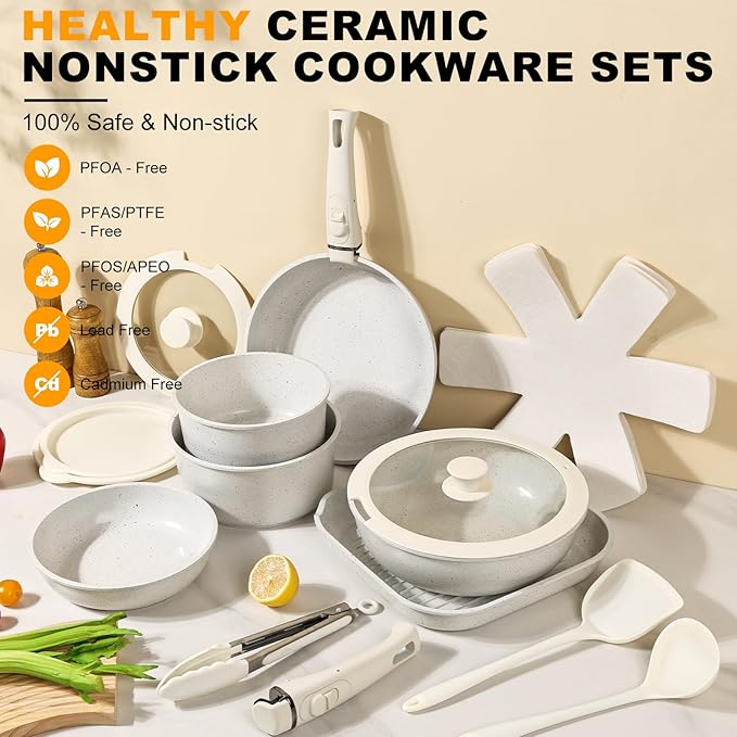 20 Pcs Pots and Pans Set Non Stick, Ceramic Cookware Set Detachable Handle, RV Kitchen Cooking Set Removable Handles, Oven Safe, Induction ReadyStackable Non-stick set Cream White