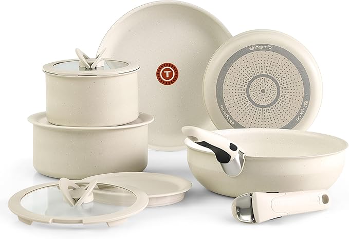 T-fal Ingenio Essentials Cookware Set with Detachable/Removable Handle 11 Piece, Granite Titanium Non Stick, Oven Broiler Safe 500F, Stackable, Pots and Pans Set, Frying Pans, Dishwasher Safe, Beige